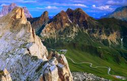 View of mountains and of the Great Dolomites Road 