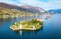 Isola Bella and Stresa town aerial panoramic view. 