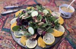 Salad with citrus, almond and caper dressing