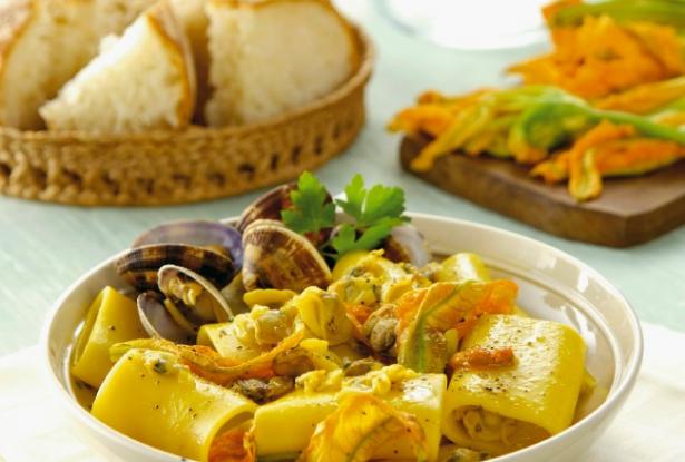 Paccheri with Zucchini, Zucchini Flowers and Clams