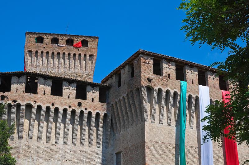 Italian flag draped over Castle of Montechiarugolo Emilia-Romagna