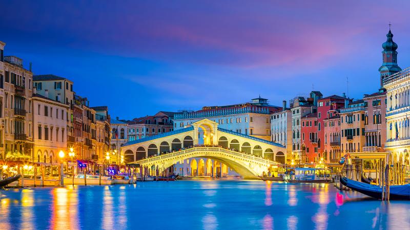 The Rialto Bridge in Venice at night