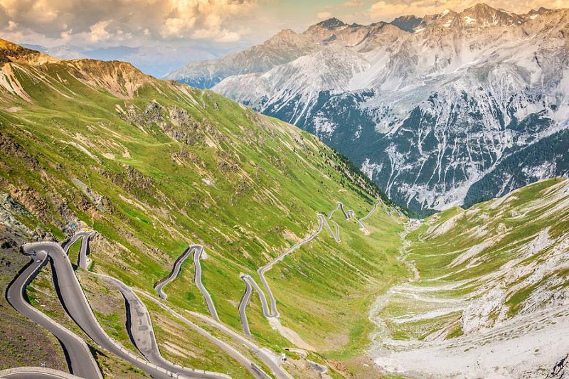 Hairpin bends of the Stelvio Pass road in Italy