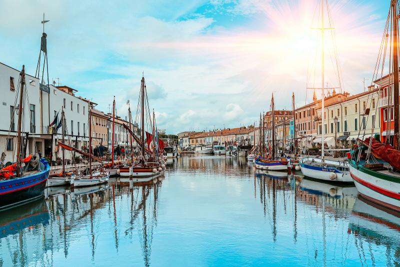 Boats on Leonardesque Canal Port in Cesenatico in Emilia Romagna 