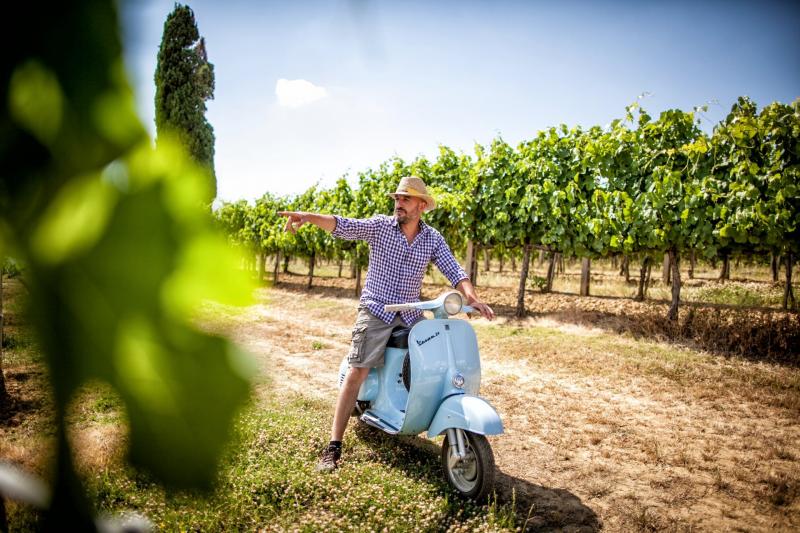 Madrevite-winemaker-in-vines_(winemaker on vespa in vineyards) photo by: Madrevite  We are in good hands with winemaker Nicola Chiucchiurlotto as a leader in the future of Gamay del Trasimeno 