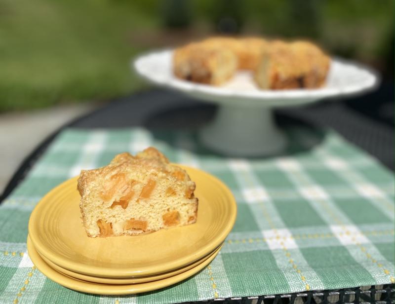 image of sliced cantaloupe cake on a green and white checked tablecloth
