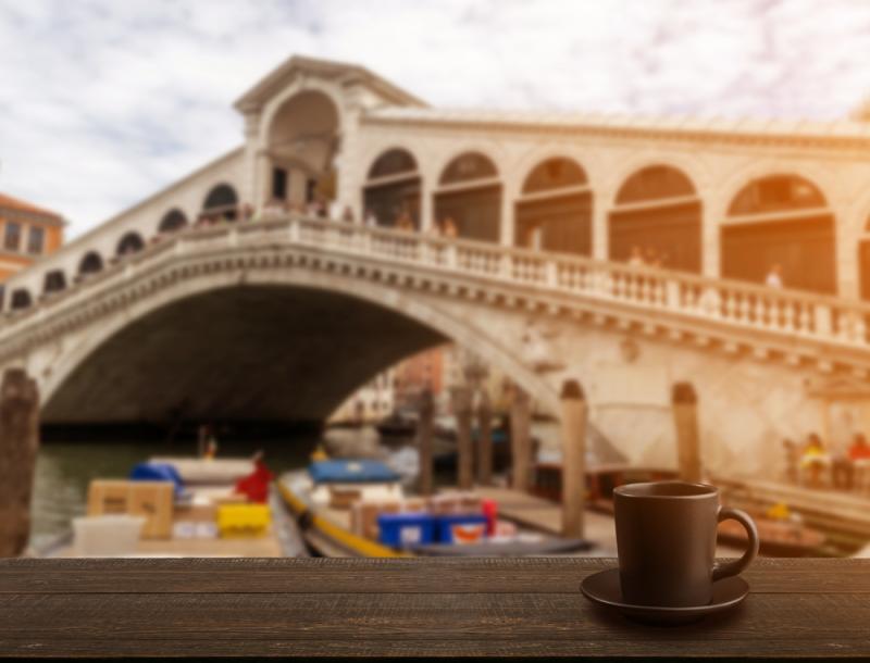 hot drink in front of bridge in Venice