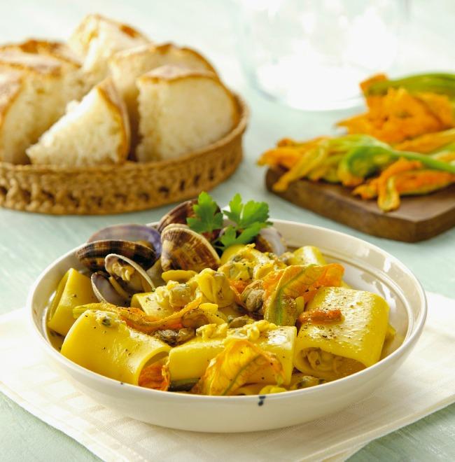 Paccheri with Zucchini, Zucchini Flowers and Clams