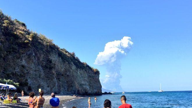 Volcano Stromboli erupting